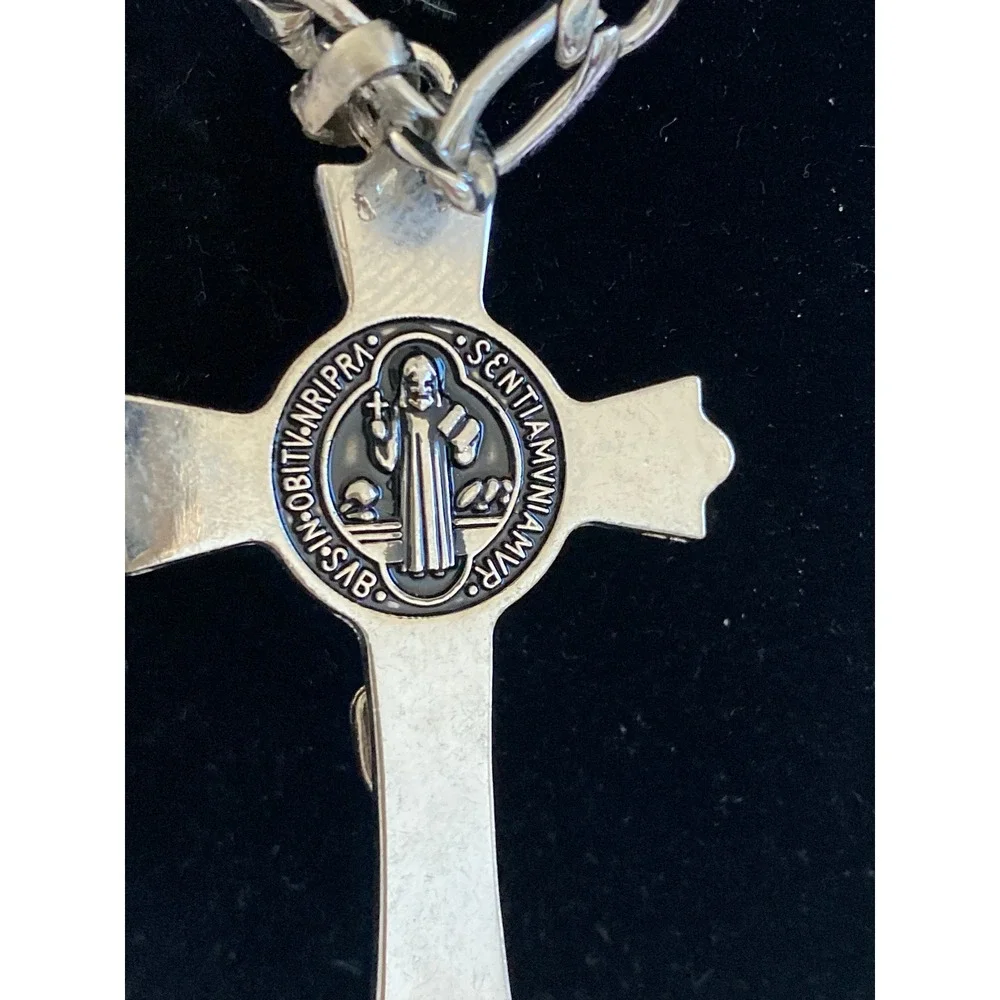 St Benedict Crucifix Pendant Necklace Silver Tone Figaro Chain Religious Cross